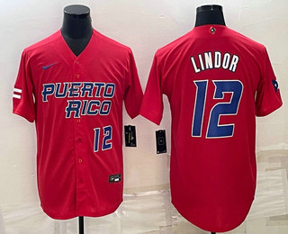 Mens Puerto Rico Baseball #12 Francisco Lindor Number 2023 Red World Baseball Classic Stitched Jerseys->2023 world baseball classic->MLB Jersey
